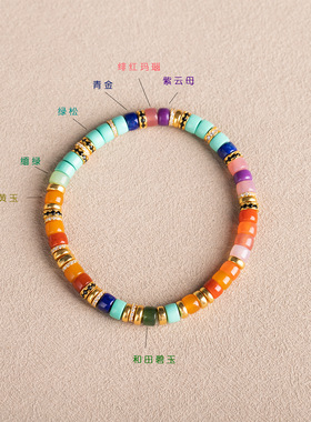 天然彩虹精工归圆药片手串s925 银搭配绿松青金绯红设计文玩手链