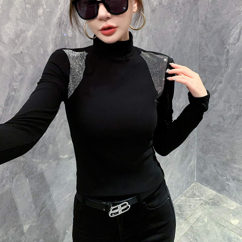 高领打底衫女2025秋冬新款欧货重工烫钻长袖T恤紧身内搭洋气上衣,淘宝优惠券,粉丝福利购,淘宝优惠卷