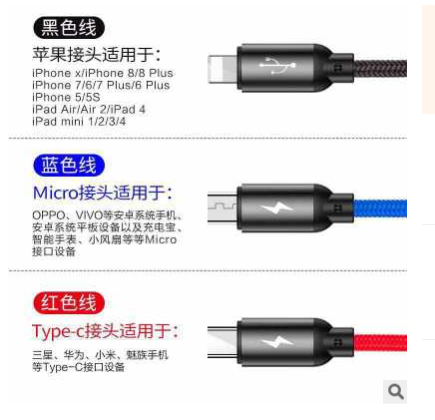 三合一多头多功能一拖三充电器线 USB车载手机充电线接口安卓type