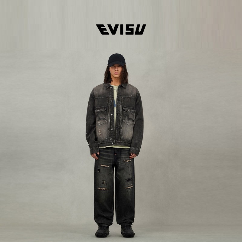 EVISU福神 2025秋男士潮流皮革海鸥贴布纯棉翻领牛仔夹克外套,淘宝优惠券,粉丝福利购,淘宝优惠卷