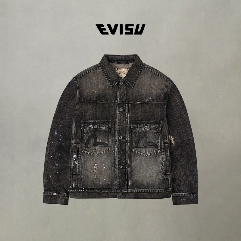 EVISU福神 2025秋男士潮流皮革海鸥贴布纯棉翻领牛仔夹克外套,淘宝优惠券,粉丝福利购,淘宝优惠卷