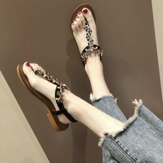 罗马凉鞋女夏仙女风平底学生2022新款百搭夹脚趾水钻人字波西米亚