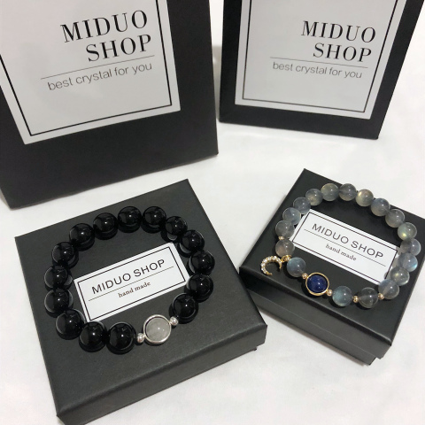 MIDUO SHOP灰月光蓝晶黑玛瑙黑发晶定制刻字情侣水晶手链小众设计