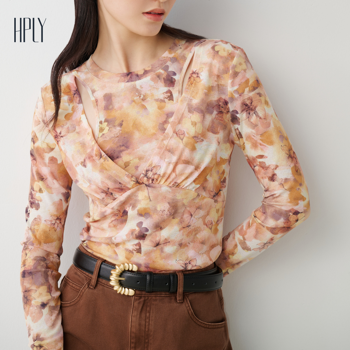 【限时折上折】HPLY荷比俪秋季新款女假两件迷彩印花修身上衣 - 图2