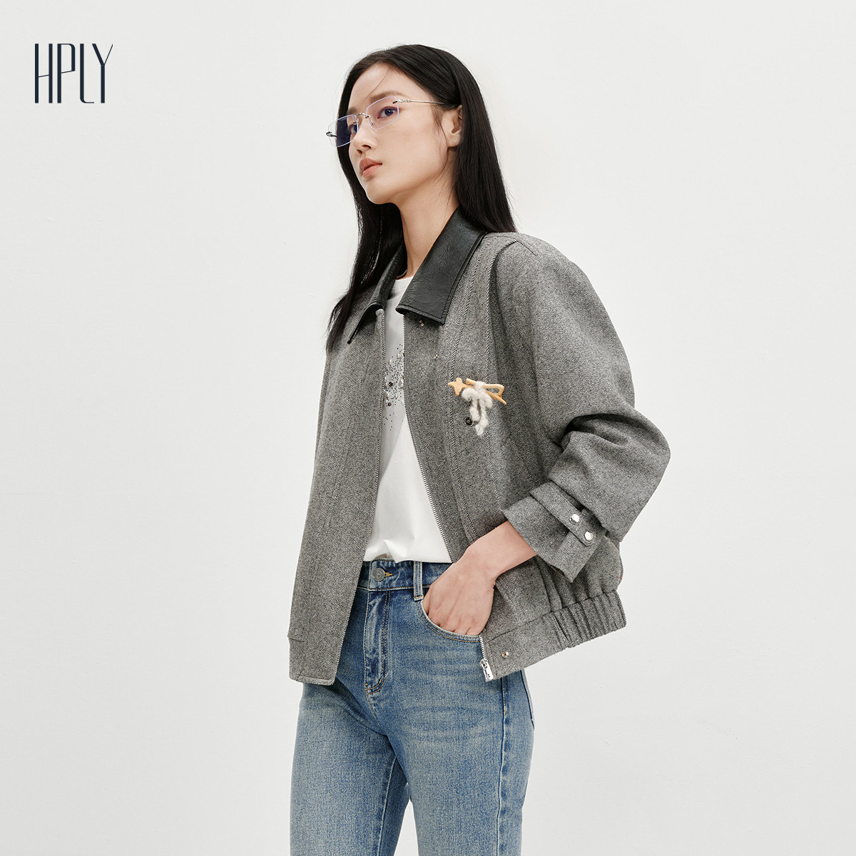 【商场同款】HPLY荷比俪2025冬新款羊毛皮革翻领夹花灰短外套,淘宝优惠券,粉丝福利购,淘宝优惠卷