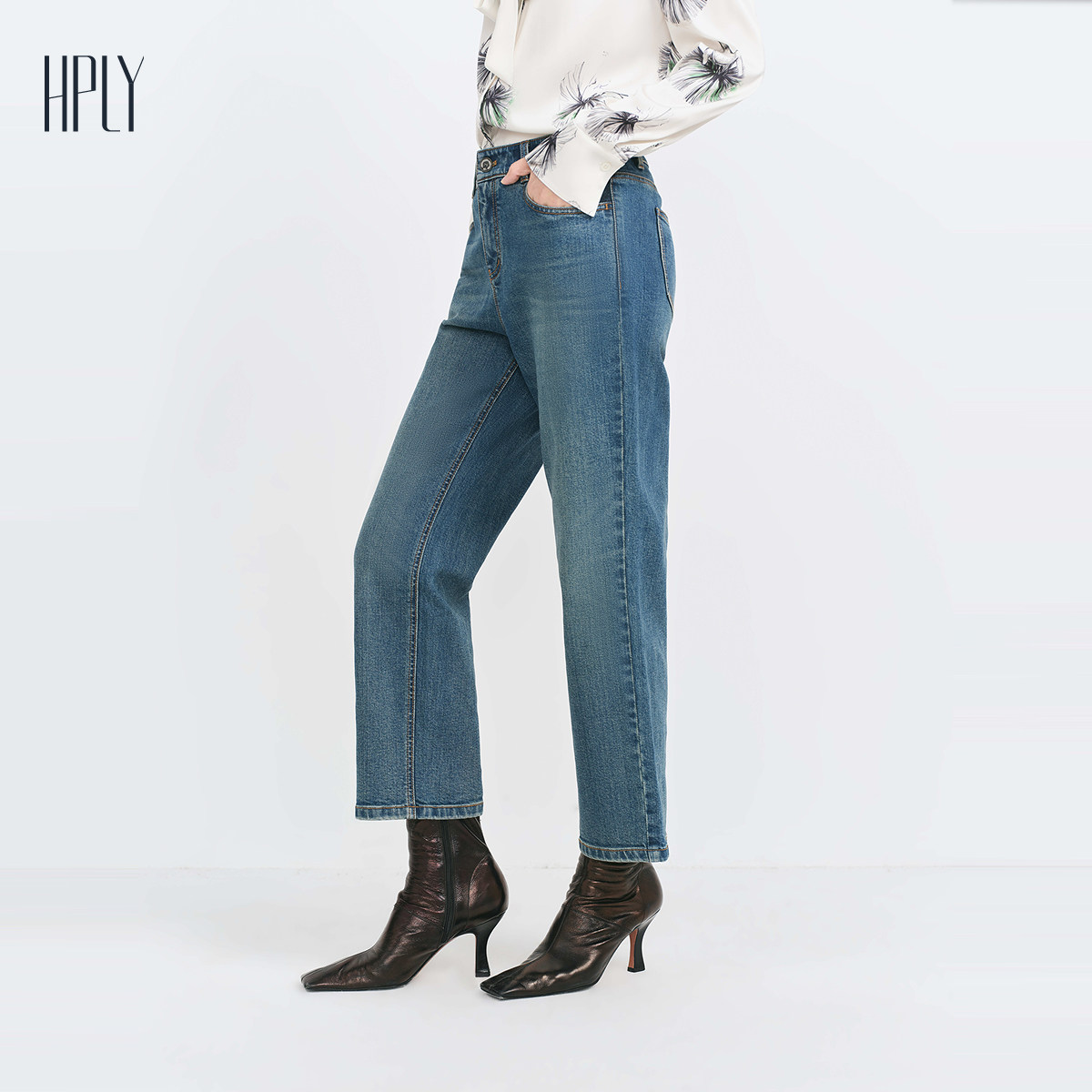 【商场同款】HPLY荷比俪冬季新款女复古撞色高腰直筒牛仔裤,淘宝优惠券,粉丝福利购,淘宝优惠卷