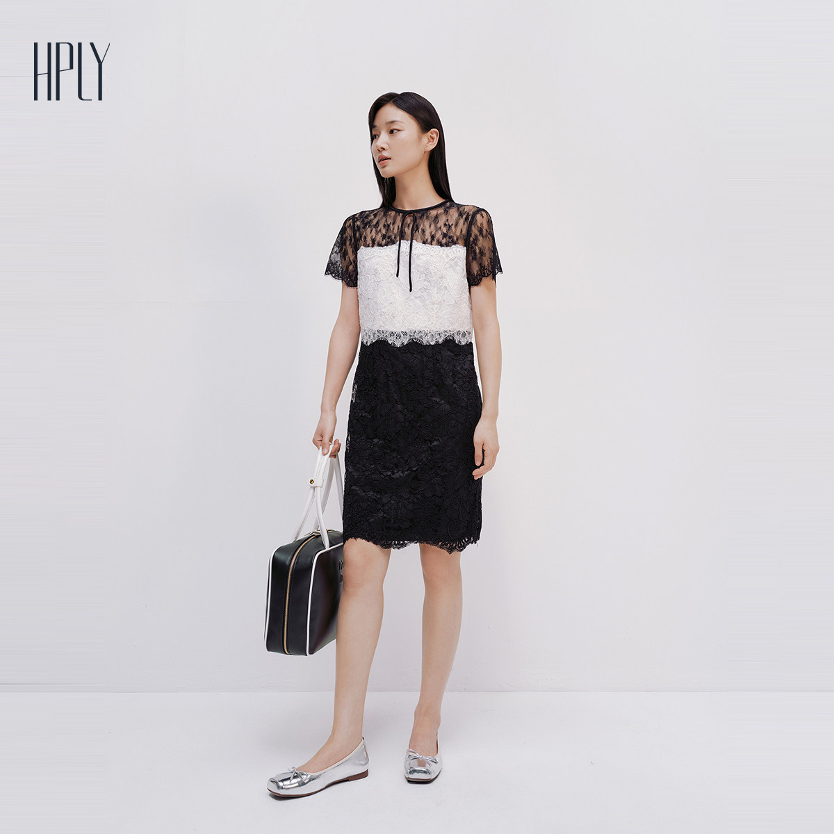 【商场同款】HPLY荷比俪2025夏新款女蕾丝拼接中长修身气质连衣裙,淘宝优惠券,粉丝福利购,淘宝优惠卷