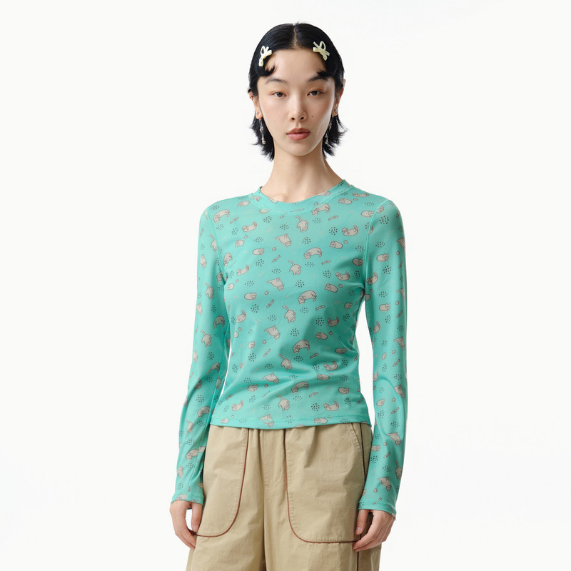 MOVEUP幻走2025春季新款.FUN系列圆领猫咪印花设计师短款T恤女 - 图0