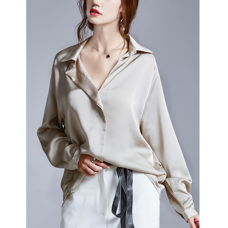 欧货洋气v领长袖雪纺女士慵懒衬衫 拉墨客衬衫