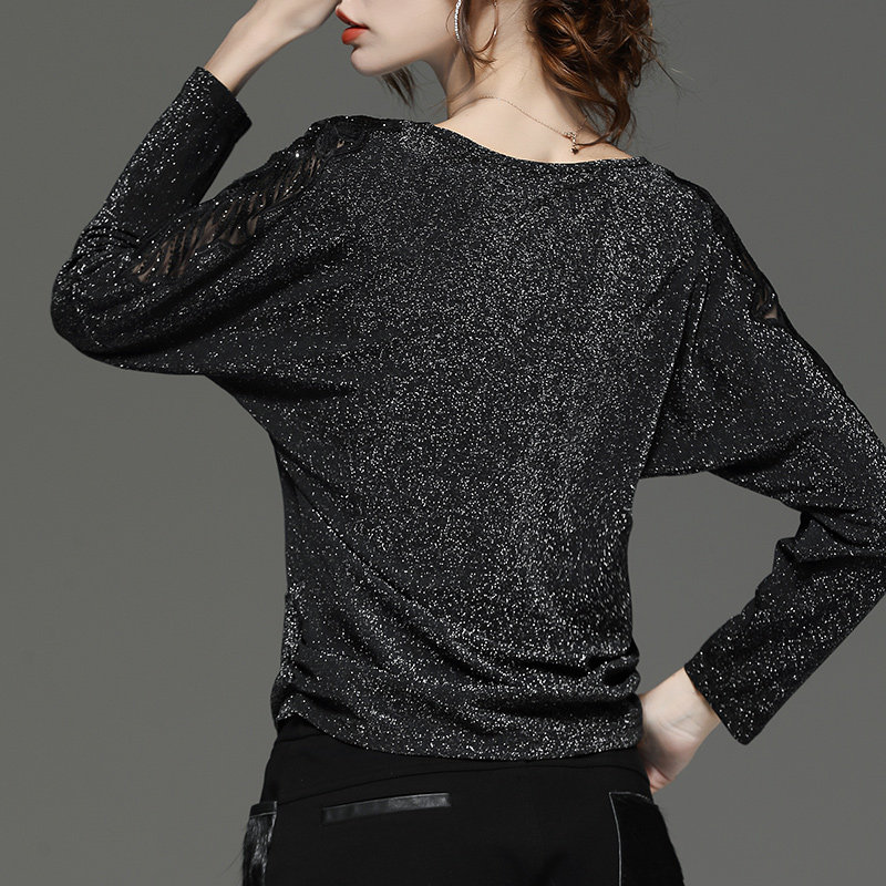 秋装性感v领蝙蝠袖网纱蕾丝打底衫 拉墨客T恤