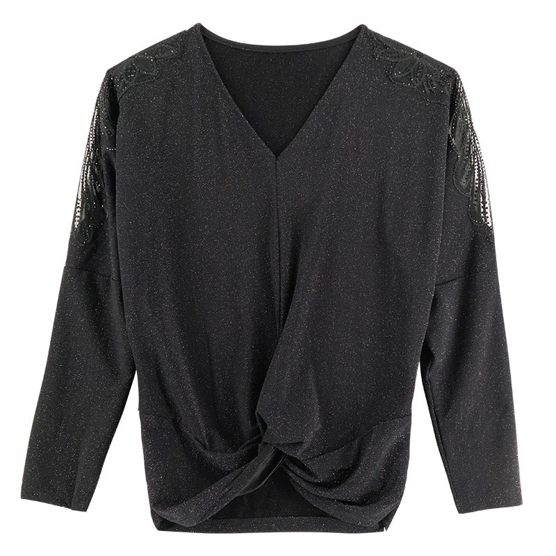 秋装性感v领蝙蝠袖网纱蕾丝打底衫 拉墨客T恤