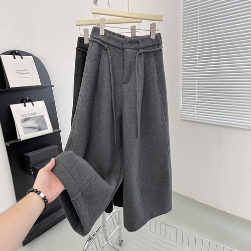 高端欧货羊绒毛呢高腰休闲裤女秋冬加绒加厚中缝百搭九分直筒裤子 - 图0