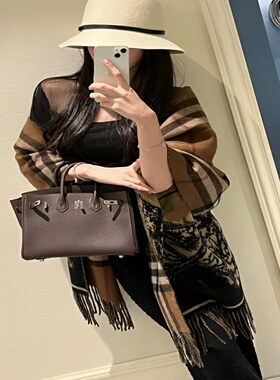 香港代购羊绒围巾女格子格纹双面流苏战马冬大披肩张婧仪金靖同款