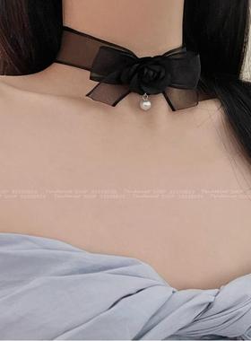 锆石珍珠黑色网纱女蝴蝶结山茶花