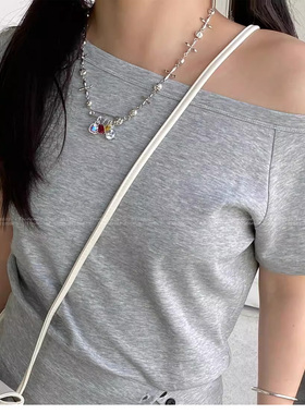 彩色方晶别针坠十字花朵扁珠项链