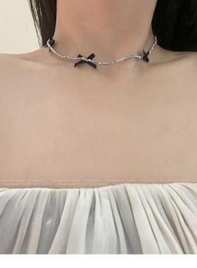 小香风黑色缎带蝴蝶结水晶珠项链