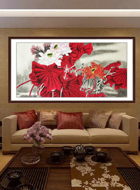 手绘和气生财国画花鸟画定制无落款四尺横幅精品工笔重彩红色荷花