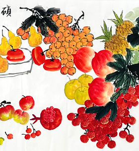 手绘真迹国画花鸟画小六尺水果葡萄荔枝枇杷梨子图硕果丰盈秋实图