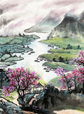 纯手绘国画泰山黄色四尺斗方无落款山水画旭日东升源远流长装饰画