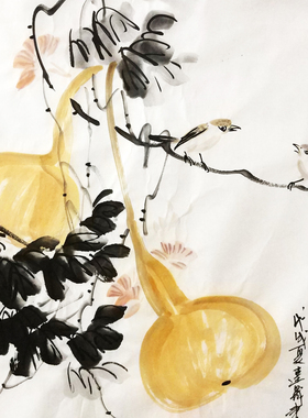 纯手绘真迹国画写意客厅画三尺斗方花鸟画葫芦小鸟图福运来三联画