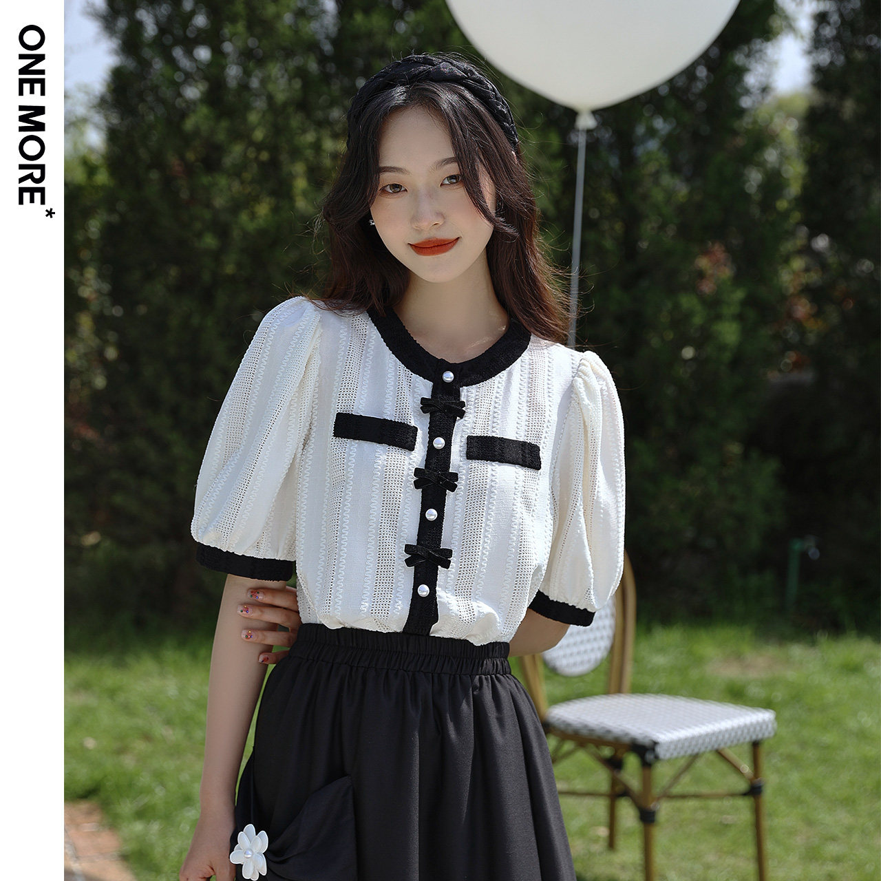 one more2022夏季新款短袖撞色小衫 onemore蕾丝衫/雪纺衫