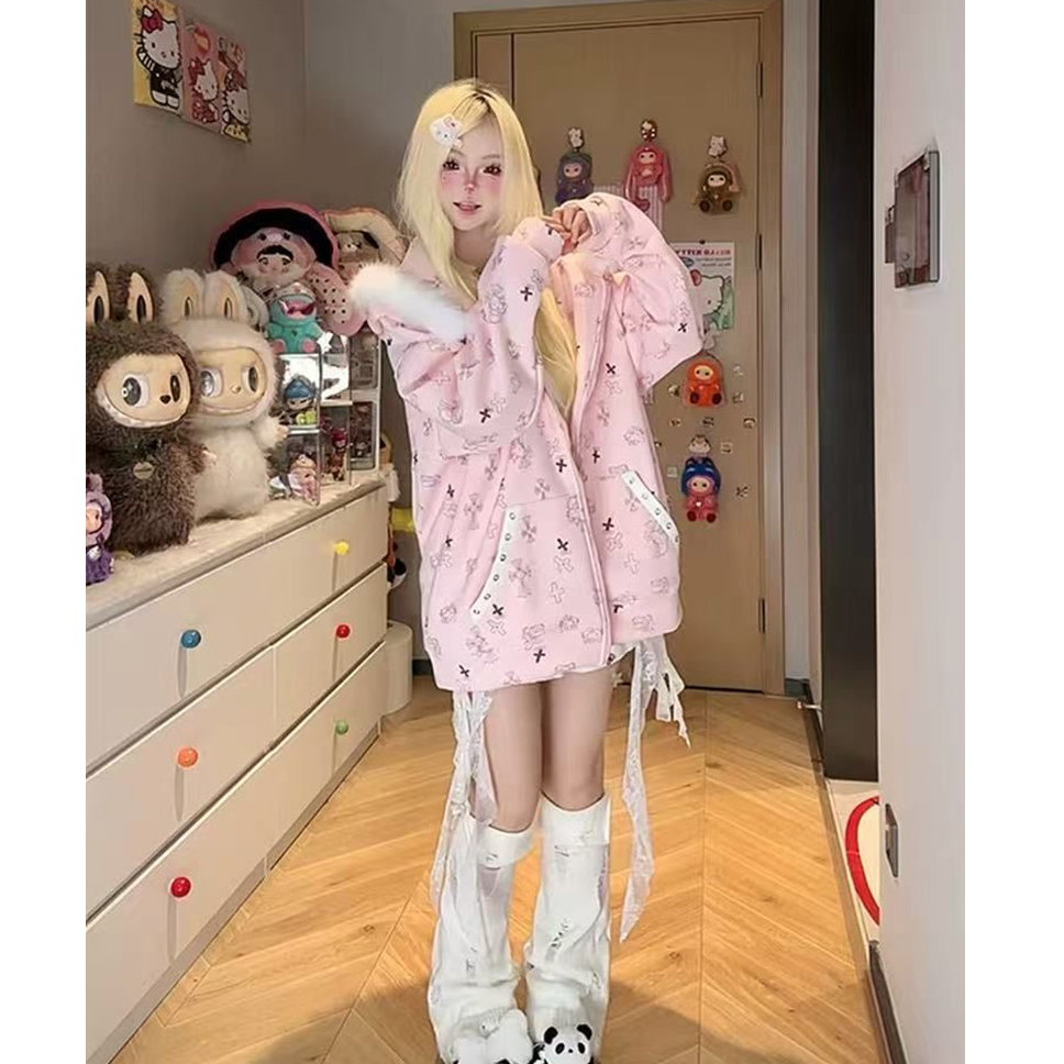 欧货通勤简约休闲风满印卡通兔耳朵连帽卫衣女保暖加绒秋冬款外套,淘宝优惠券,粉丝福利购,淘宝优惠卷