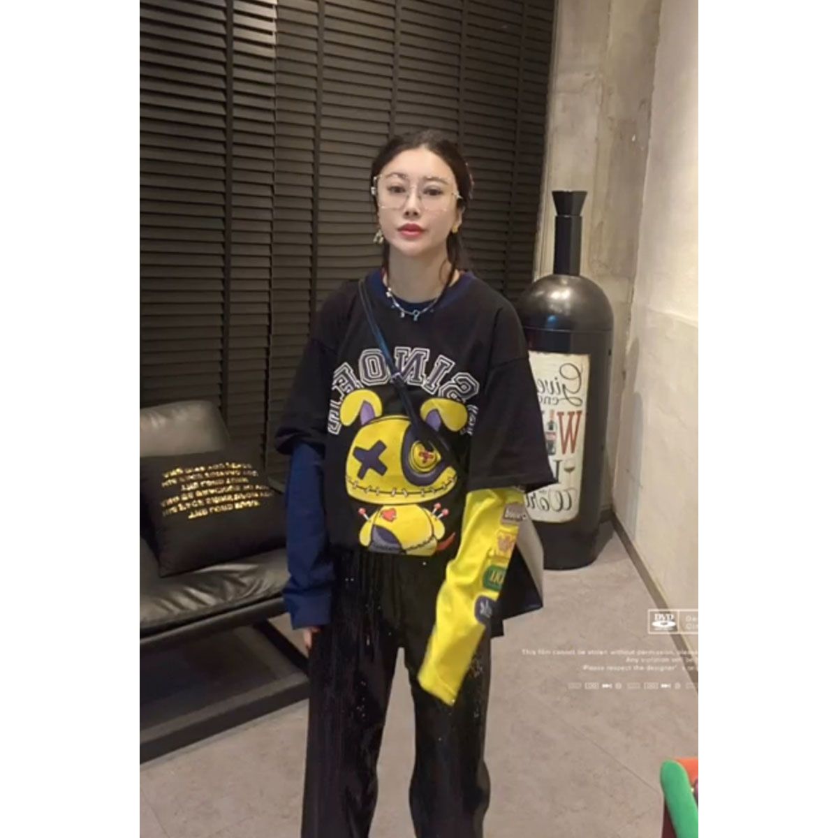 超大码2-300斤胖mm春夏季卡通图案印花拼色拼接AB袖假两件宽松T恤 - 图0