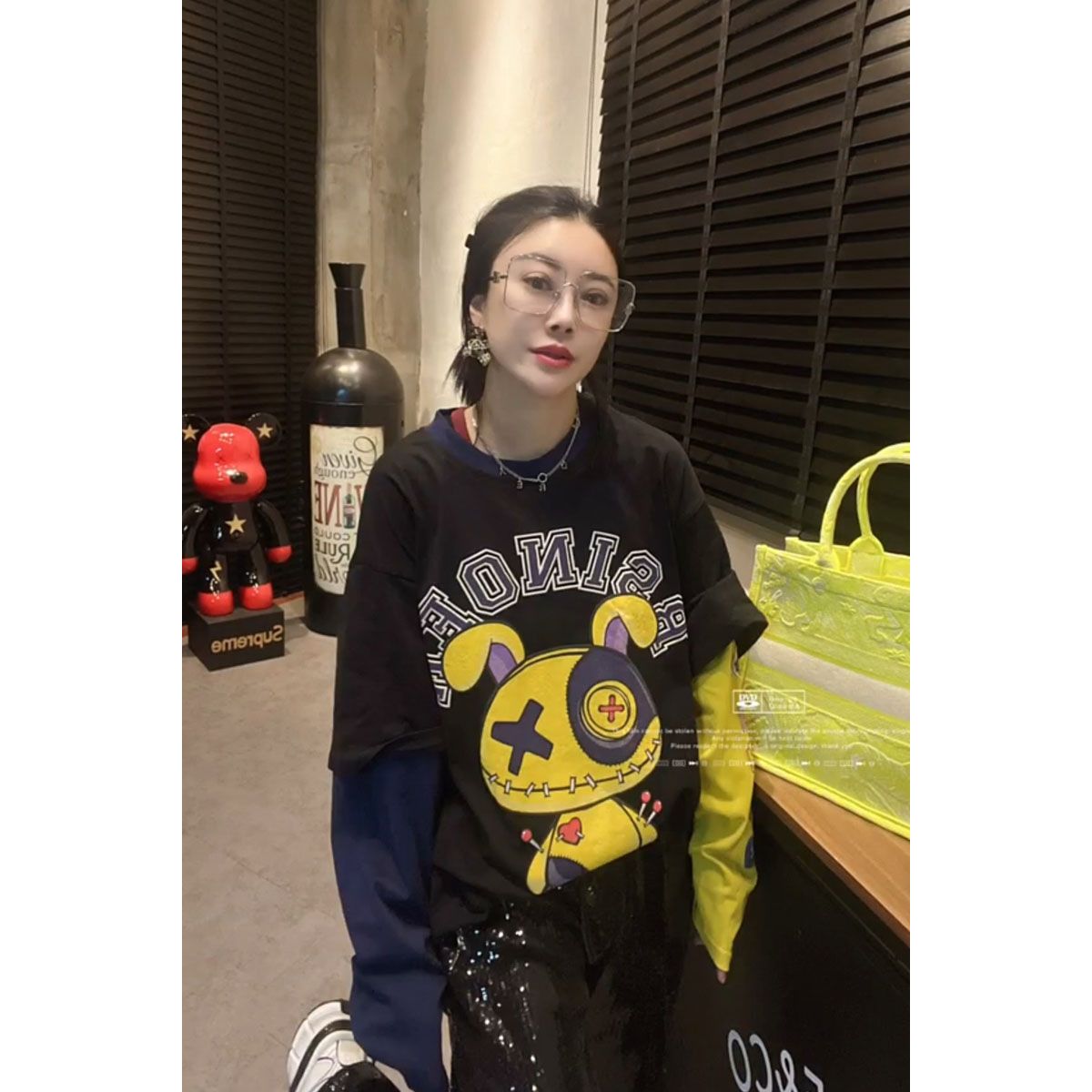 超大码2-300斤胖mm春夏季卡通图案印花拼色拼接AB袖假两件宽松T恤 - 图2