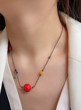 天然高含量朱砂水飞砂转运珠心经莲花多宝蜜蜡绿松编绳项链毛衣链