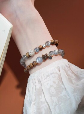 倒叙灰月光檀木双圈招财手链