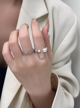 银瑞泰s925纯银韩国东大门珍珠链条戒指小众设计百搭爱心开口指环