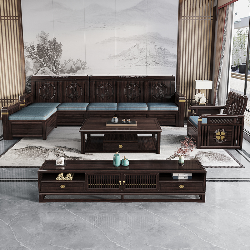 新中式紫金檀木实木贵妃转角沙发组合冬夏两用储物现代客厅小户型
