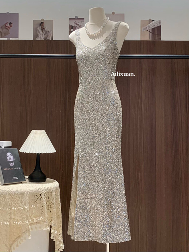 2024新款女装年会晚礼服重工亮片包臀开叉鱼尾长裙冬季内搭连衣裙