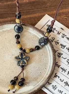 搜搜新中式复古长款流苏陶瓷花朵项链古风高级感民族风串珠毛衣