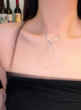 搜搜轻奢小众高级感蝴蝶结流苏项链女超仙气质网红同款锁骨链颈