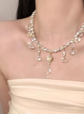 搜搜轻奢小众气质名媛水晶流苏项链女百搭气质超闪锆石锁骨链网
