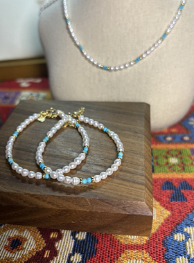 S925纯银3-4mm螺纹珍珠绿松手链女新款款时尚经典百搭