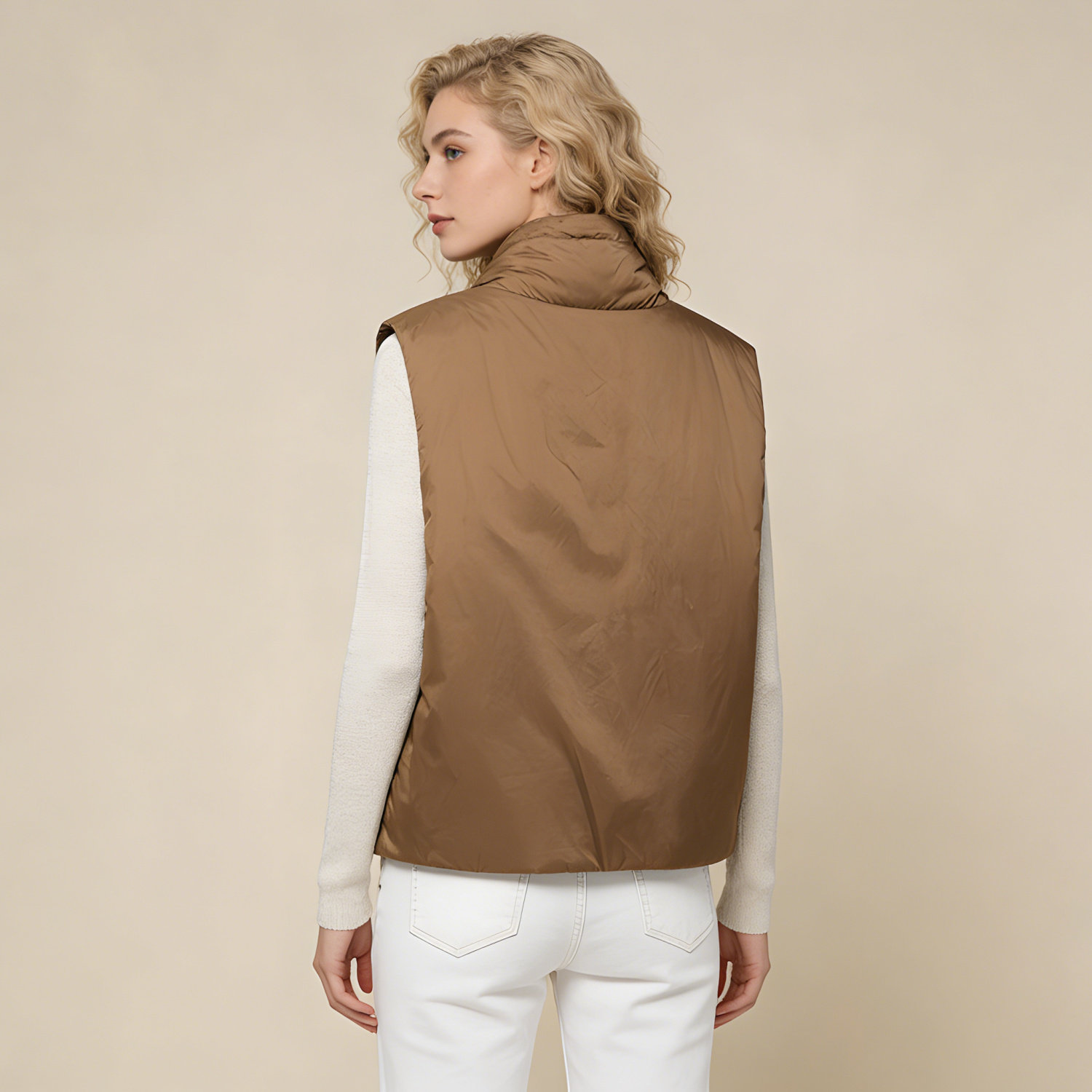 欧美风轻盈保暖珍奢驼绒填充抽绳立领休闲女款背心马甲外穿内搭,淘宝优惠券,粉丝福利购,淘宝优惠卷