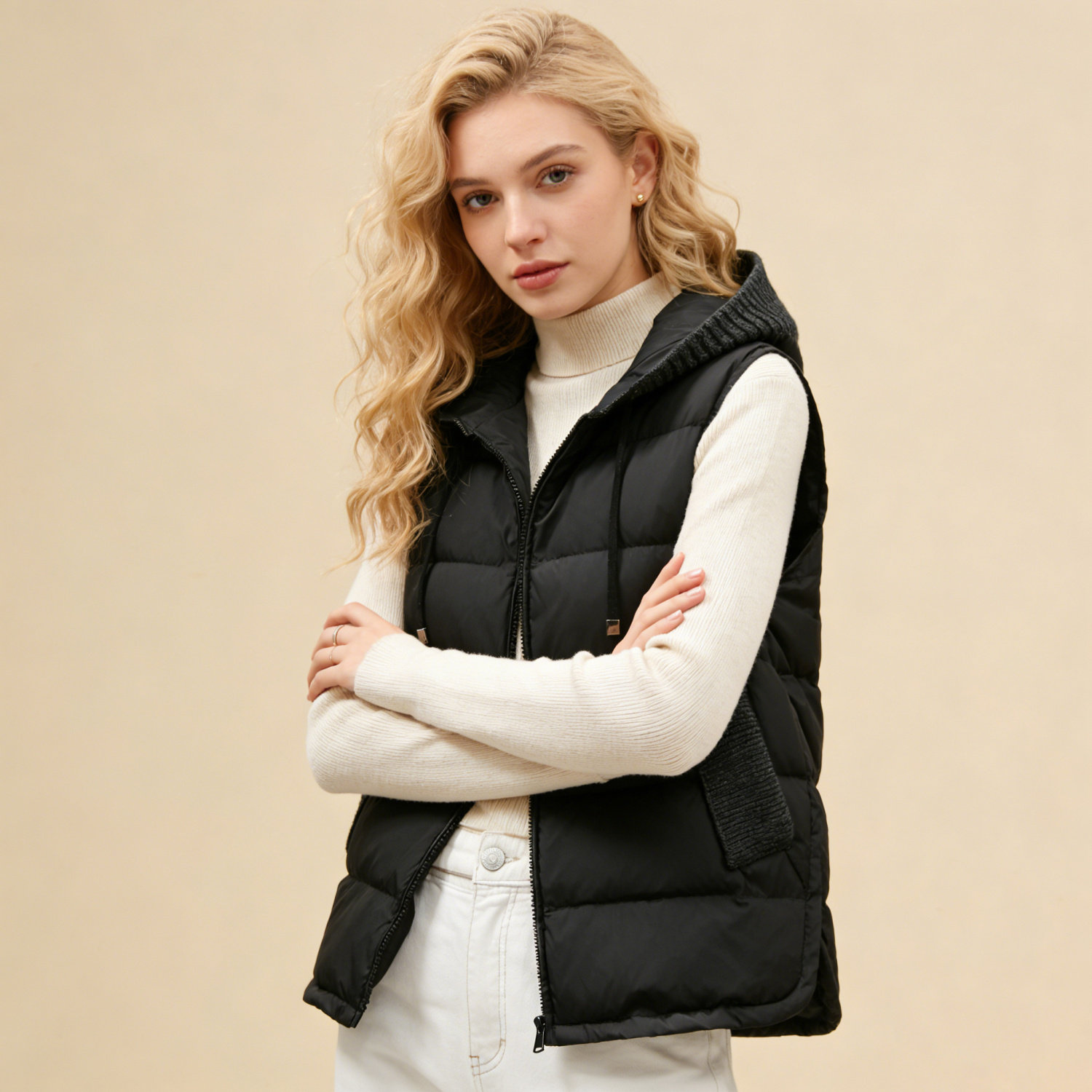 针织连帽羽绒马夹女短款2026欧美时尚宽松马甲保暖背心春秋冬季潮,淘宝优惠券,粉丝福利购,淘宝优惠卷