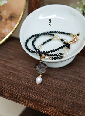 韶华记黑曜石晶珍珠花朵日常项链