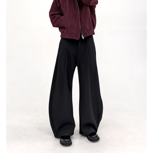 mountain tree弯刀裤立体剪裁阔腿双色西裤慵懒风纯色宽松休闲裤 - 图1