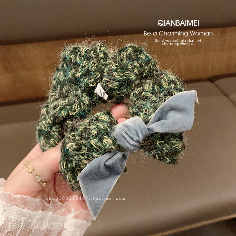 绿色毛线编织大肠发圈气质小香风高级感蝴蝶结发绳头绳绑发皮筋女,淘宝优惠券,粉丝福利购,淘宝优惠卷