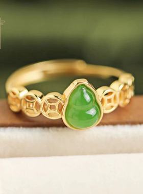 南宫女纯银葫芦钱币戒指