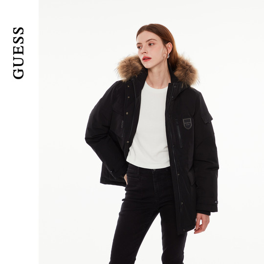 GUESS multi-pocket fur collar parka down jacket