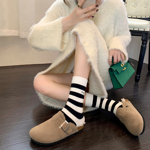 三喜同款勃肯鞋真皮一脚蹬保暖毛毛拖鞋女外穿冬包头半拖鞋博肯鞋 - 图2