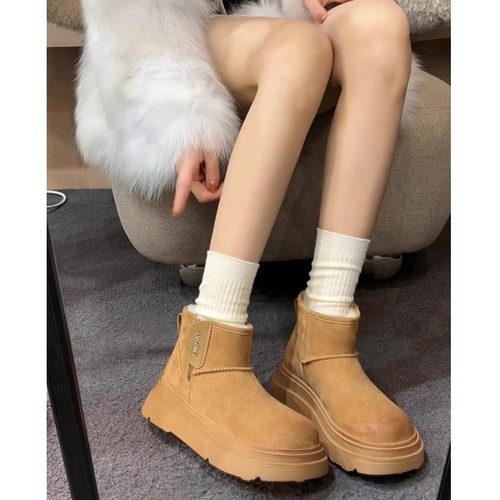 miu家厚底雪地靴女冬季真皮短靴羊毛侧拉链增高厚底加绒毛毛棉鞋 - 图0