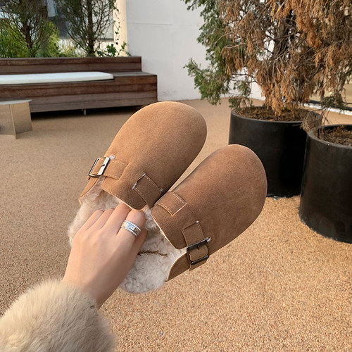 三喜同款勃肯鞋真皮一脚蹬保暖毛毛拖鞋女外穿冬包头半拖鞋博肯鞋 - 图1
