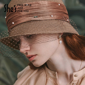 shes茜子卢梭假日休闲网纱遮阳防晒帽子女夏天渔夫帽编织草帽户外