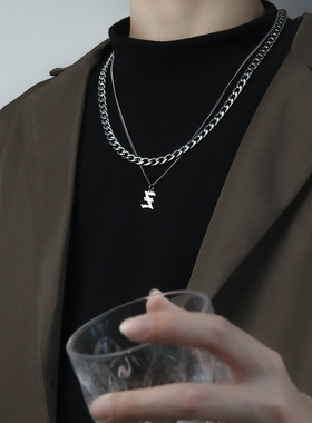 【官方正品】新款定制字母双层叠戴古巴项链钛钢潮流设计高级感