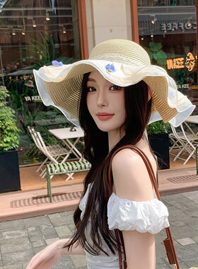 草帽女夏季飘带花朵蕾丝蝴蝶结防晒太阳帽海边沙滩防紫外线遮阳帽